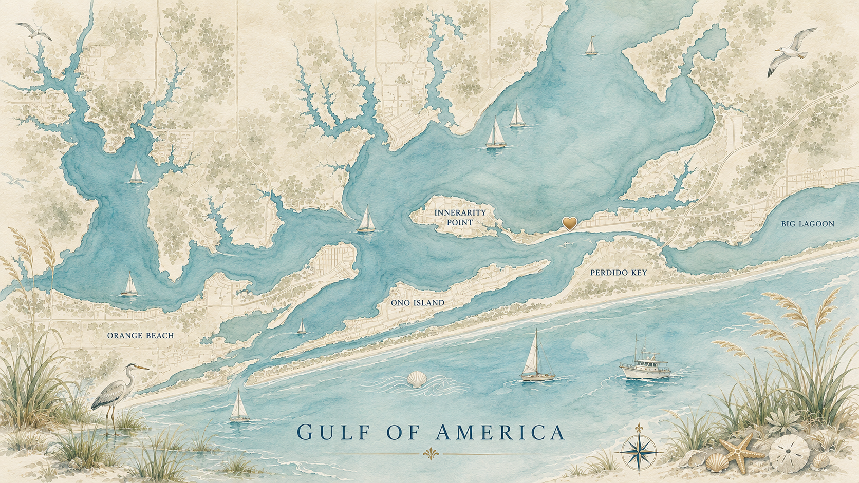 Illustrated coastal map of Perdido Key, Pensacola, Orange Beach, and Gulf Shores with numbered markers for featured destinations.