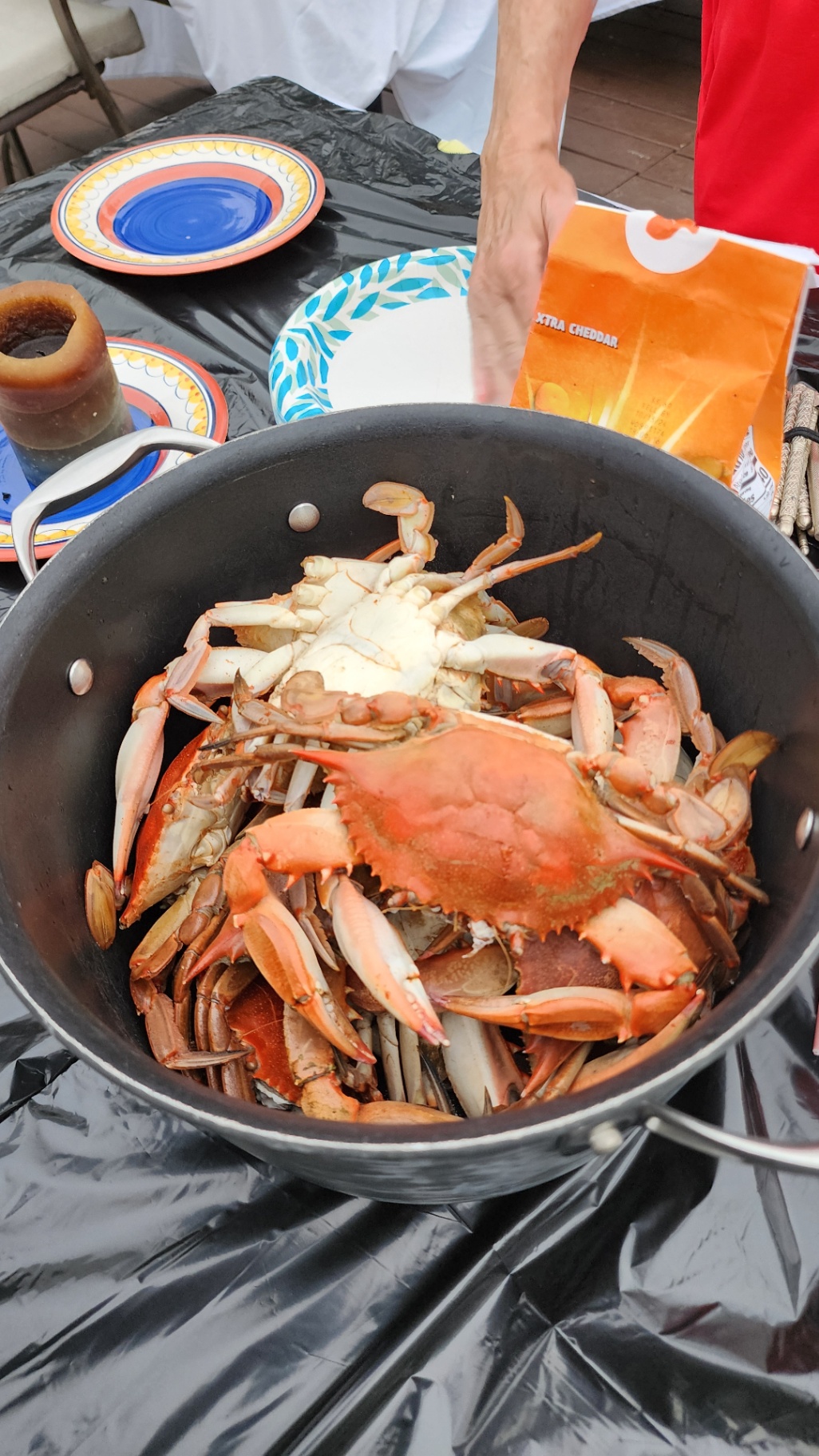A pot of fresh blue crabs ready to serve on the back porch